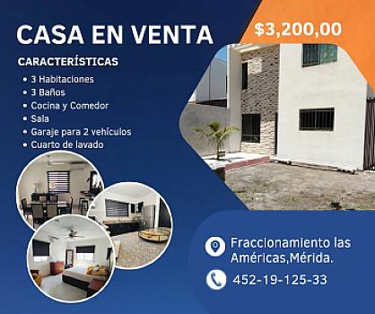 Casa de 3 habitaciónes una en planta baja,merida