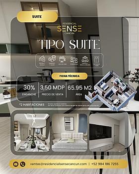 Suite de 2 habitaciones en Residencial Sense Cancún | 65.95 m² + amenidades
