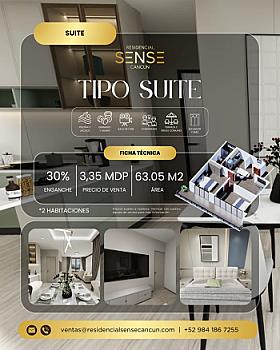 Suite de 2 habitaciones en Residencial Sense Cancún | 63.05 m² con amenidades