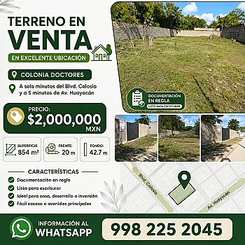 TERRENO EN VENTA EN COLONIA DOCTORES, CANCÚN