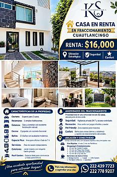 🏡 CASA EN RENTA EN FRACCIONAMIENTO CUAUTLANCINGO